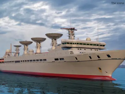  Satellite Tracking Ship with Parabolic Dishes Red In Water Simplified 