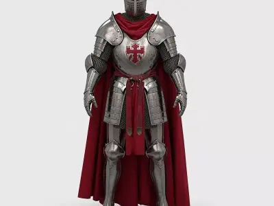  Crusader Knight Armor 3D Model Red Cape Full Suit Low-poly 3D model