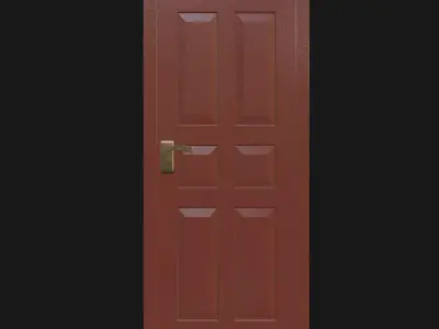 Brown Six-Panel Wooden Door with Brass Handle 3D model