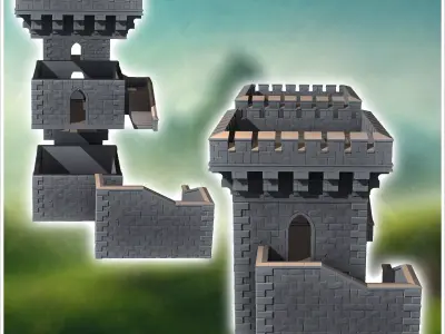 Stone fortress with double towers and access stairs 9 - Medieval 3D print model