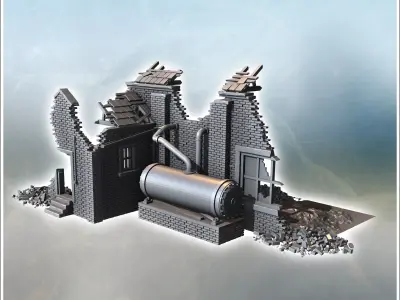 Factory ruin with a large tank and brick walls version with and  3D print model
