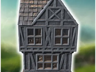 Two-story half-timbered house with detailed windows arched doorw 3D print model