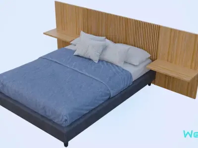 Bed and Headboard with Vertical Design Low-poly 3D model