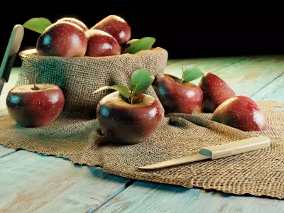 Apple apples in sack on wooden table 3D model