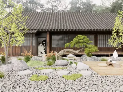Japanese - style Courtyard Landscape Design 3D model