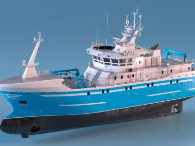  Modern Fishing Boat Light Blue Rigged 