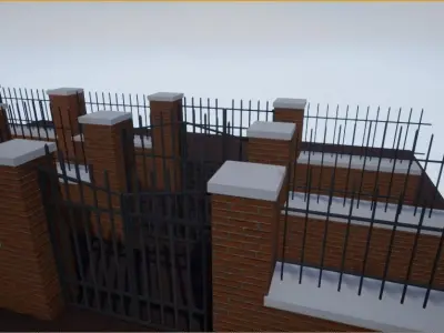 Modular Brick Wall and Gate Low-poly 3D model