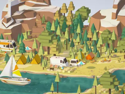 isometric style camping level constructor Low-poly 3D model