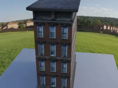 Building brick in middle of grassy field Low-poly 3D model