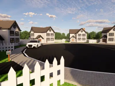 3D Neighborhood Model 3 street with houses and picket fence 3D model