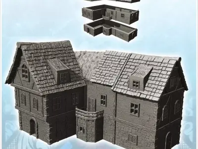 Medieval house with balcony and mixed thatch and slate roof 23 - 3D print model