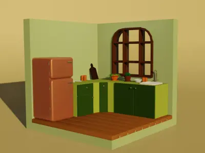 low-poly kitchen with refrigerator and microwave Free 3D model
