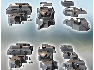Set of eight damaged modern military bunkers with heavy artiller 3D print model purchase
