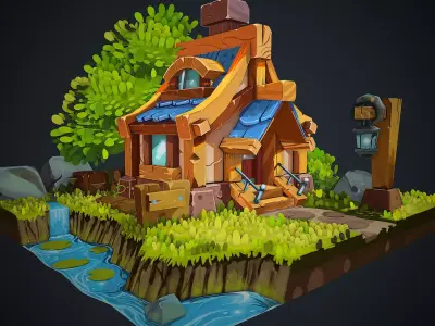 Stylish riverside cottage Low-poly 3D model