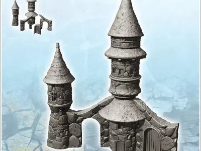 Fantastic building with two towers with curved roofs and access  3D print model