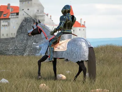  Medieval Horse in Armor with Knight Riding Fur 