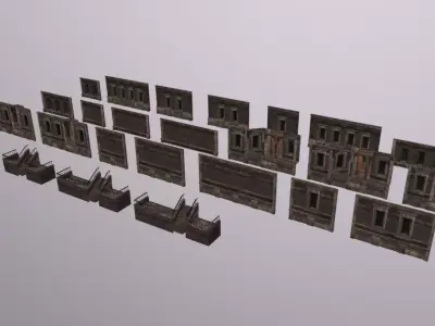 Residential facade kit Low-poly 3D model