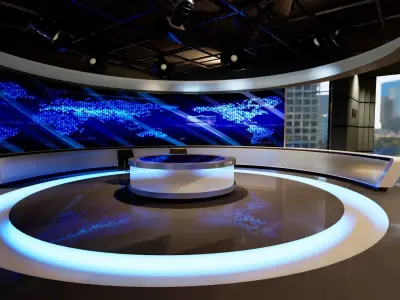 Virtual set television studio with lighting and circular table Low-poly 3D model