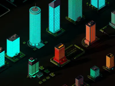 Cartoon Low Poly Night City Buildings Pack Low-poly 3D model