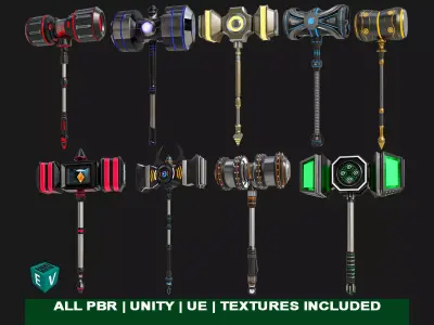 9 Sci-Fi Battle Hammers Collection All PBR Unity UE Textures 3D Model Pack