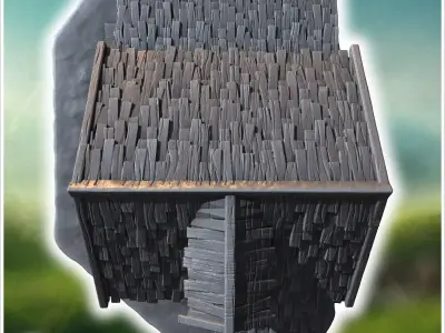 Two-story wooden house with a covered porch damaged roof and woo 3D print model
