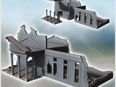 French neo-classical-style courthouse with columned entrance and 3D print model