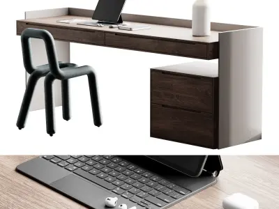 Workplace 3 desk with chair and laptop 3D model