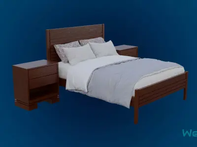 Bed with Nightstands Low-poly 3D model