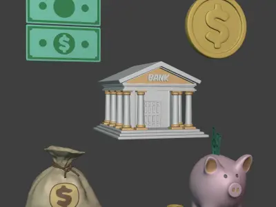 Cartoon Business Icons -- Dollar Money Bag Piggy Bank Bill Coin Low-poly 3D model