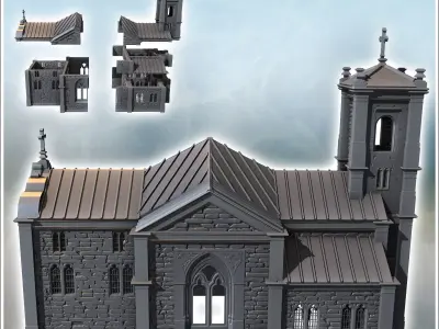 Modern Christian church with steeple stained glass windows and z 3D print model