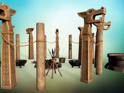 Stylized ritual altar columns bonfire grave sacrificial knife  Low-poly 3D model