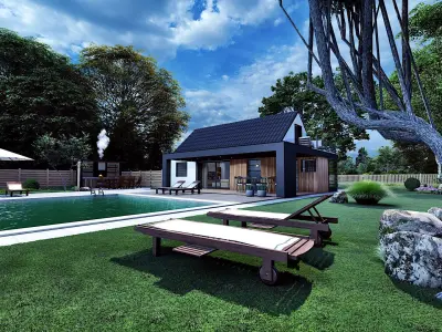 modern house with swimming pool exterior Low-poly 3D model