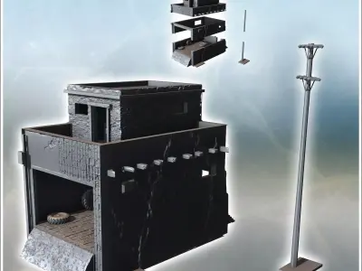 Modern flat-roofed building with indoor garage and electrical po 3D print model
