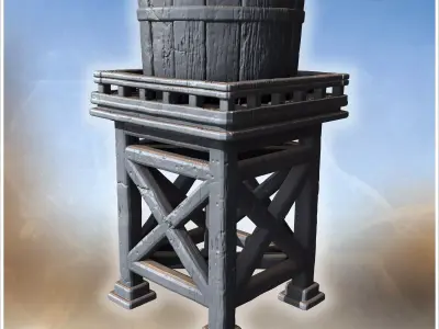 Large round barrel placed on sturdy wooden base with crisscross  3D print model