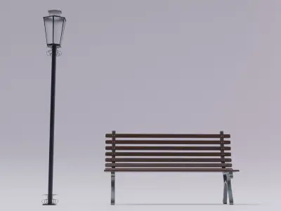 Wooden Bench - Lamp post 3D model