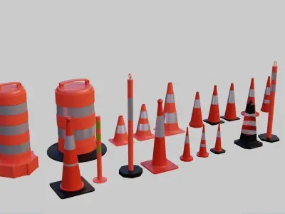 Traffic Cones and Construction barrels Collection - 19 items Low-poly 3D model