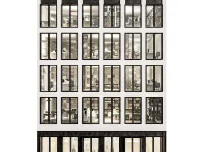 Modern office facade 02 at night with simple interiors 3D model