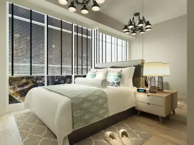 Bedroom modern with wooden floors and windows 3D model