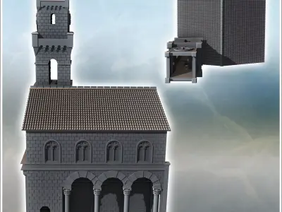 Large classical tile-roofed building with stone walls clock towe 3D print model