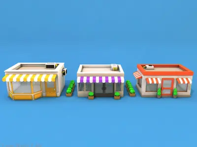 Cartoon City Buildings Shops Low-poly 3D model