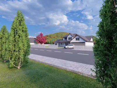 3D Neighborhood Model 8 street with houses and cars at sunset 3D model