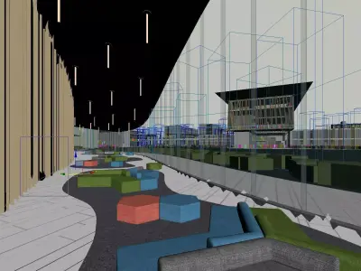 Modern Waterfront Lobby with Panoramic Glass and Palm View 3D model