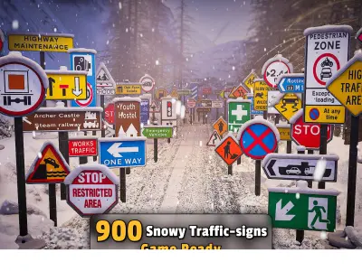 2700 Traffic Signs Bundle Apocalyptic Snowy Normal   Game Ready Low-poly 3D model