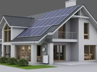 Modern eco friendly suburban homes equipped with solar panels Low-poly 3D model