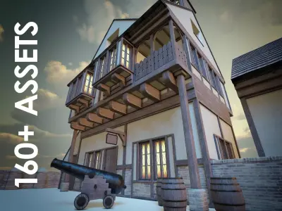 Medieval Town House with over 160 piece Modular Asset Kit Low-poly 3D model