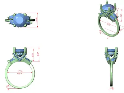 Three Stone Engagement Ring with Hidden Halo 3D Model for CAD 3D print model