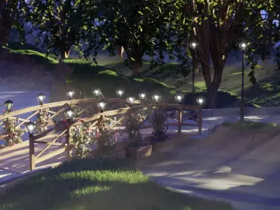 Bridge in woods with lights 3D model