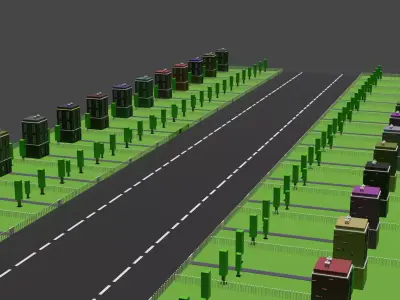ColorfullCity street with buildings and trees Low-poly 3D model