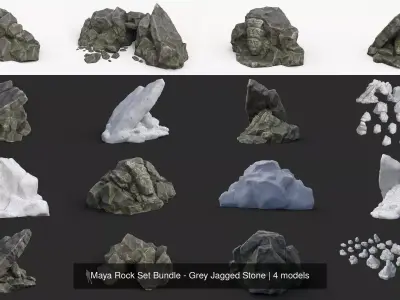 Maya Rock Set Bundle - Grey Jagged Stone 3D Model Pack