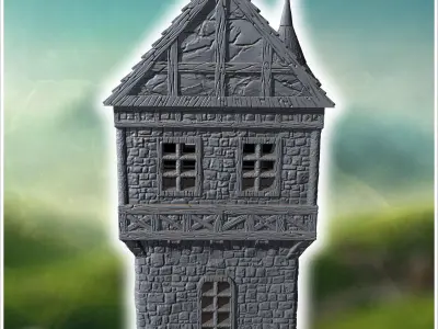 Tall medieval building with a turret stone walls and a pointed r 3D print model